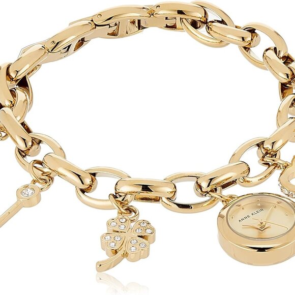 Women's Premium Crystal Accented Gold-Tone Charm Bracelet Watch,